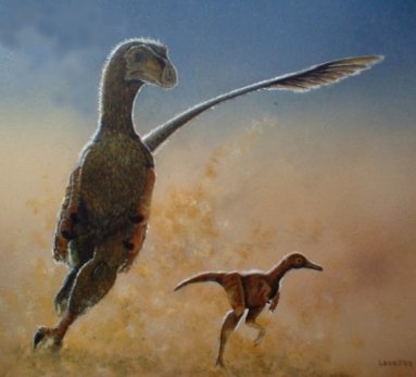 Velociraptor and juvenile Mononykus, acrylics on board